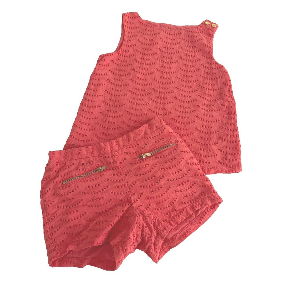 Genuine Kids Oshkosh Girls 4t  2 Piece Coral Eyelet Short Top Outfit 100% Cotton